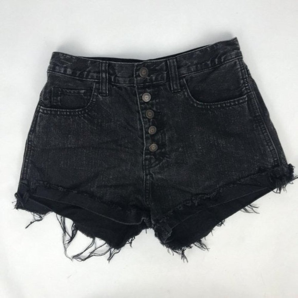 Hollister High Waisted Jean Short Shorts Black Denim Button Up Size 1 Waist 25